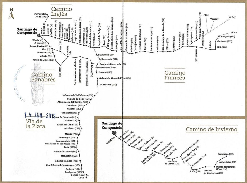 Mapa de alguns caminhos de Santiago: Caminho Frânces, Caminho Inglês, Caminho Sanabrés, Caminho de Inverno e Vía de la Plata