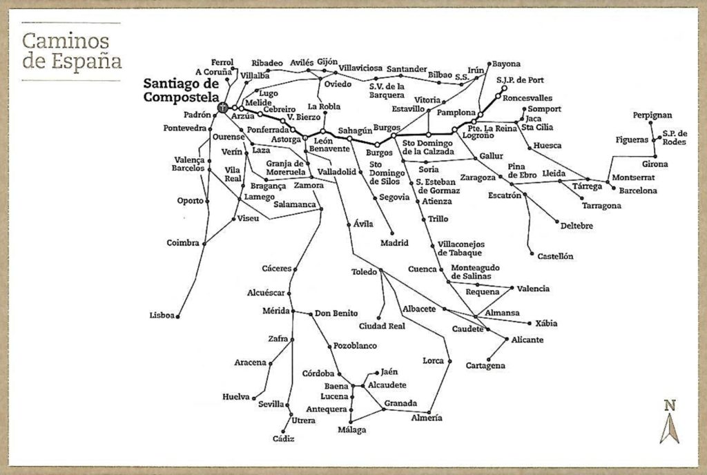 Mapa dos Caminhos de Santiago em Espanha