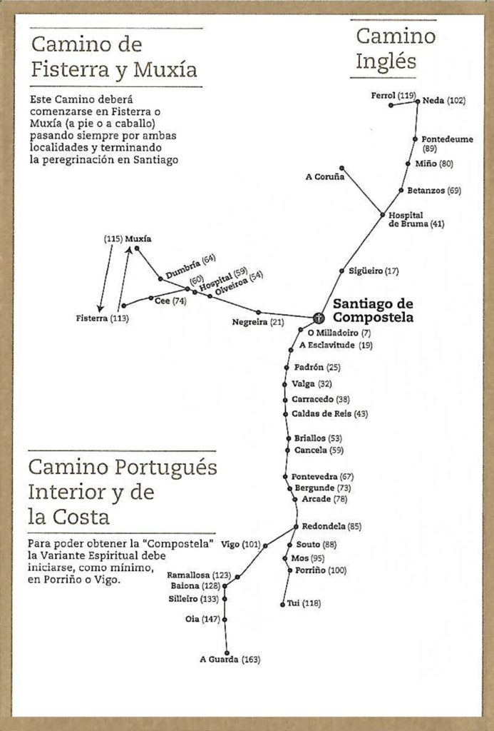 Mapa do Caminho de Finisterra e Muxia e da parte espanhola do Caminho Português