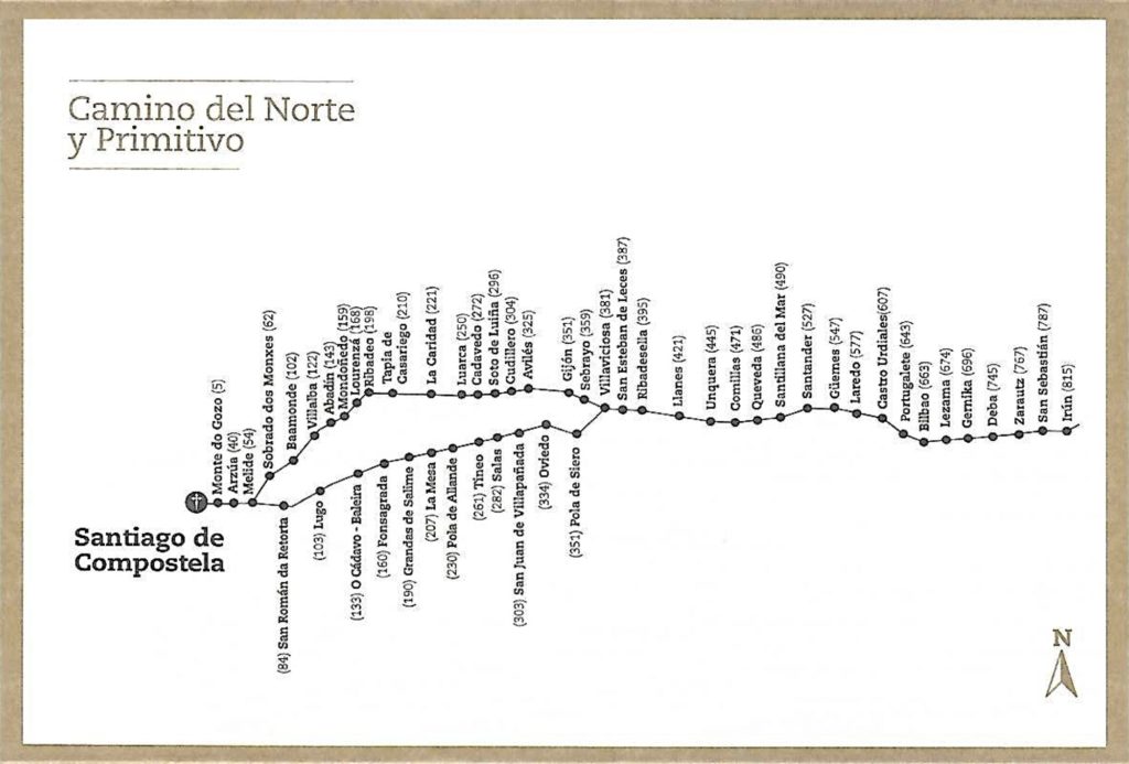 Mapa do Caminho de Santiago do Norte e do Caminho Primitivo